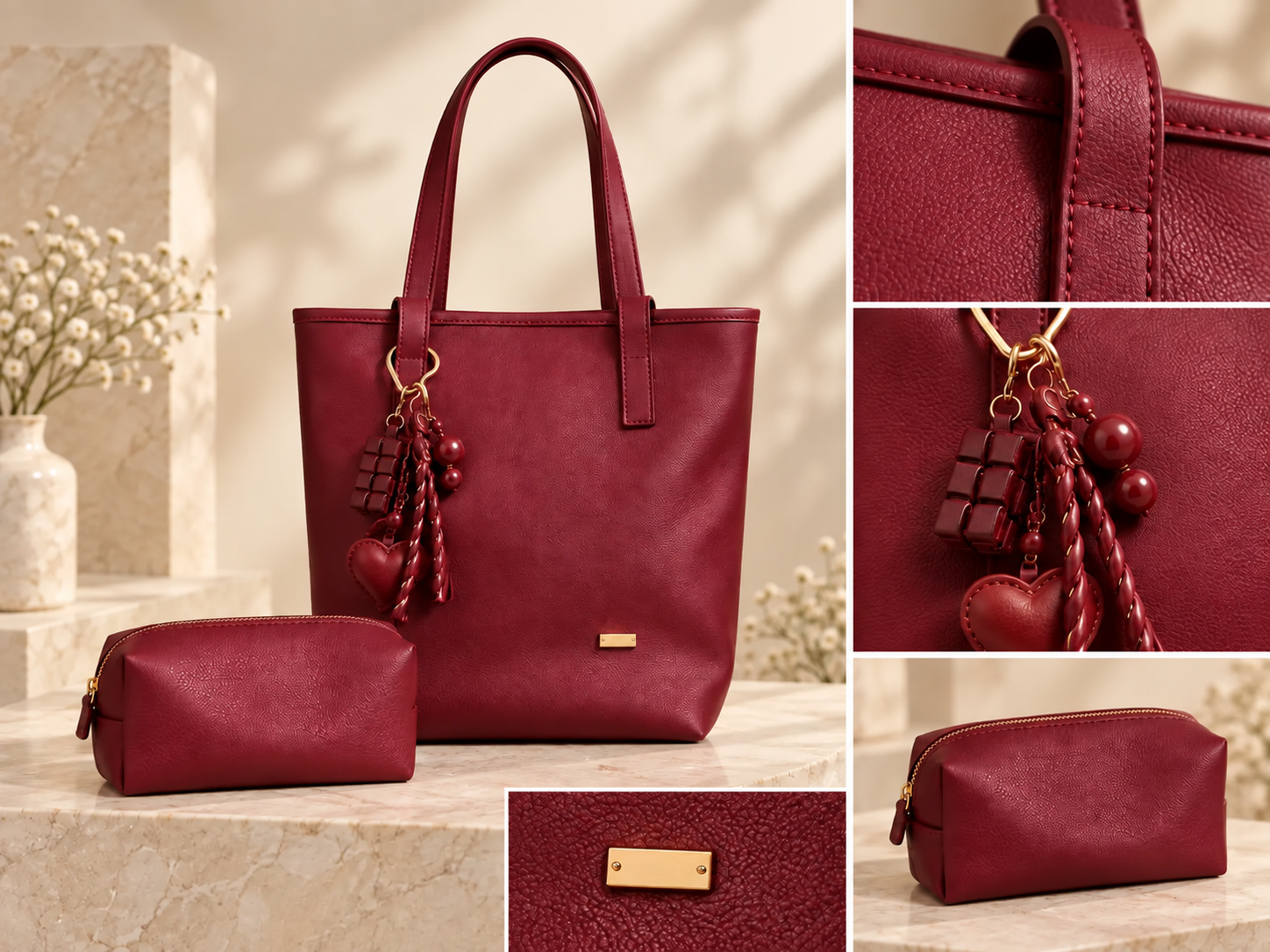 Detalles del bolso, charm decorativo, placa dorada lisa y cosmetiquera de obsequio